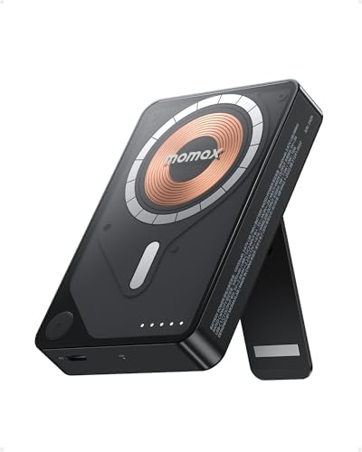 MOMAX 10000 m Ah Magnetic Power Bank – Wireless Portable Charger with 20 W Fast Charging for i Phone 15/14/13/12 Series – Built-in USB-C Cable & Stand for Enhanced Convenience and Versatility – Ultimate Solution for On-the-Go Charging