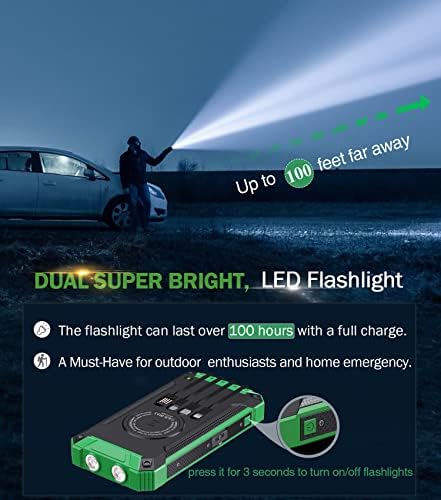 GOODaaa 36,000 m Ah Solar Wireless Power Bank with Built-in 4 Cables, Fast 15 W Charging, 6 Outputs & Dual Flashlights – Ultimate Portable Charger for All Devices with Carabiner for Easy Carrying