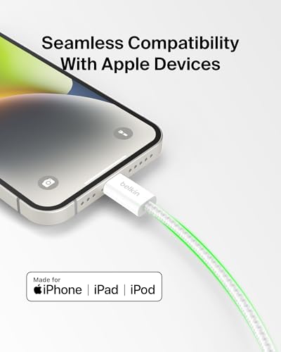 Belkin 6.6 ft USB C to Lightning Charging Cable – Premium Fast-Charging Cord for i Phone 14 & Earlier, i Pad 9 th Gen, Air Pods – Flexible & Durable Design for Enhanced Mobility – MFi Certified Quality – Sleek White Finish for Modern Aesthetics