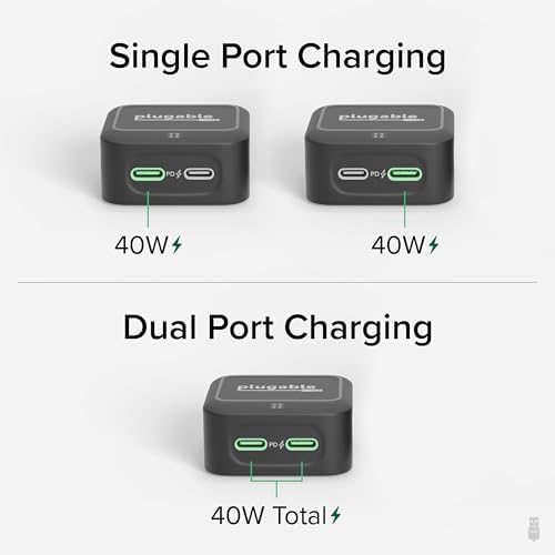 Dual USB-C 40 W Fast Charging Wall Adapter – Compact Plugable Power Charger for i Phone 16, i Pad, Air Pods, Samsung Galaxy, Google Pixel – Foldable Design for Portability and Versatile Use in Home or Travel – Sleek Black Finish for Modern Aesthetics and Enhanced Device Compatibility