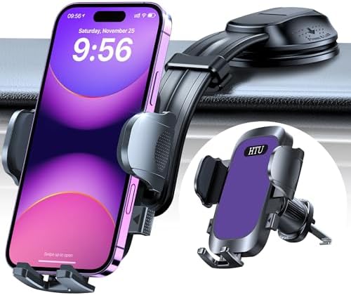HTU Premium Adjustable Suction Car Phone Holder with Bendable Arm – Ultimate Dashboard and Windshield Mount for i Phone 16, 15, 14, 13, 12 Pro Max (Black) – Secure Grip, 360-Degree Rotation, Enhanced Safety and Usability