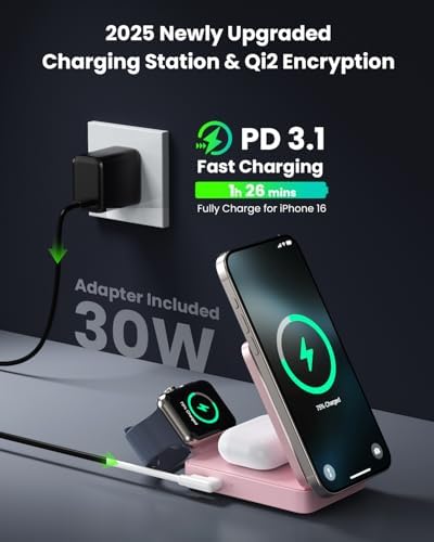 3-in-1 Qi2 Certified Wireless Charging Station – 15 W Fast Magnetic Charger for i Phone 16/15/14/13/12, Apple Watch, Air Pods – Foldable Design with 30 W USB-C Adapter for Ultimate Compatibility and Efficiency – Elevate Your Charging Experience with Enhanced Safety Features and Versatile Viewing Angles