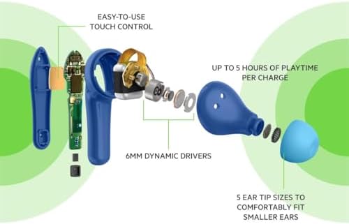 Belkin Soundform Nano Kids Bluetooth Earbuds – Stylish Blue Design with 85 d B Volume Limiting for Safe Listening, 24-Hour Battery Life, Integrated Microphone for Online Learning and Calls, Compatible with i Phone, i Pad, Galaxy & More – Comfort Meets Durability for Young Audiophiles