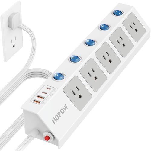 Ultra-Thin 10 Ft Flat Plug Power Strip with Individual Switches – 5-Outlet Surge Protector featuring 2 USB-C (20 W PD) & 2 USB-A Ports, 1700 Joules Surge Protection, Wall-Mount Design for Home and Office – Optimize Your Power Management with Enhanced Speed and Safety