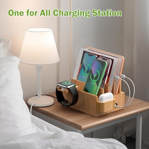 Eco-Friendly Bamboo 5-Port USB Charging Station: Versatile Multi-Device Organizer with Smartwatch and Earbuds Stand for Efficient Power Management – Perfect for Home and Office Use