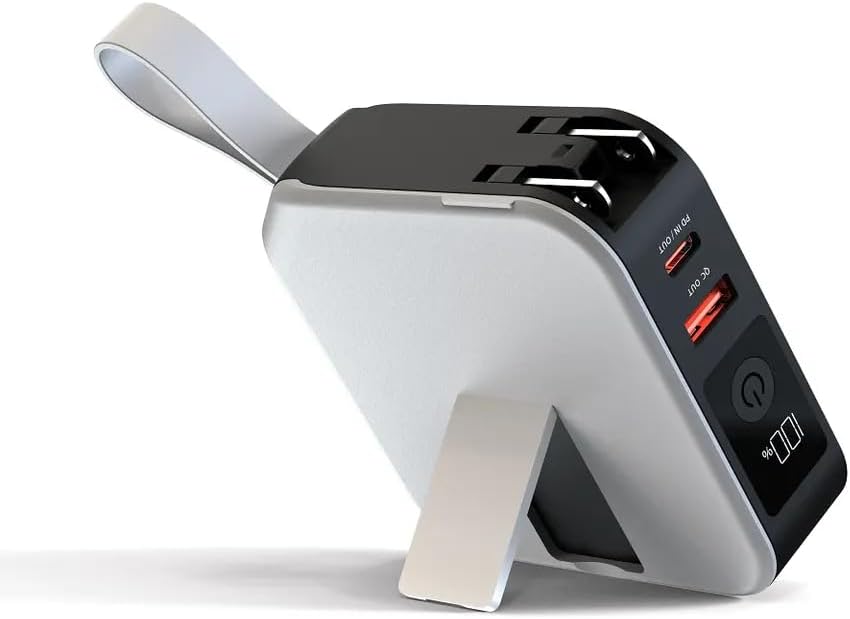 Ultimate Travel Charger and Power Bank – Wireless Charging with 3 Global Adaptors, Built-In Cables, and Integrated Phone Holder for Seamless On-the-Go Power Solutions (White) – Ideal for Frequent Travelers and Busy Professionals