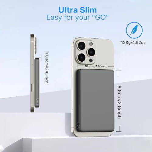 Ultra-Slim Magnetic Wireless Power Bank – 5000 m Ah High-Speed 20 W PD Charger for i Phone 16, 15, 14 & More – Lightweight Portable Battery Pack with USB-C Cable – Ideal for Air Pods & Apple Watch – Premium Safety Features for Reliable On-the-Go Charging – Effortless Compatibility with All Type-C Devices