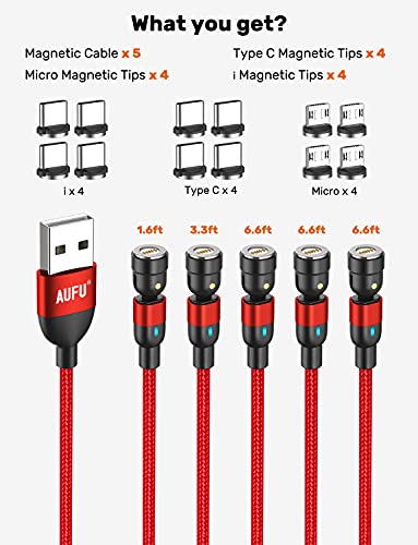AUFU Magnetic Fast Charging Cable Set – 5 Pack (1.6 ft, 3.3 ft, 3 x 6.6 ft) – 3 A High-Speed USB C Charging & Data Transfer – Durable Nylon Braided Design – Effortless Magnetic Connection in Stylish Red – Versatile Compatibility for All Devices – Upgrade Your Charging Efficiency