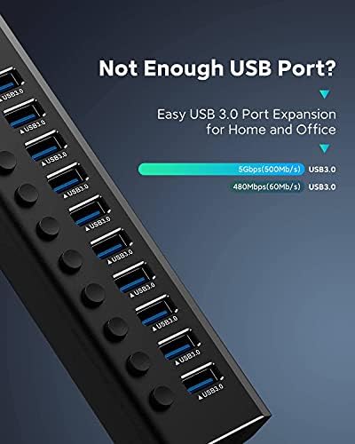 Enhance Your Workspace with the Rosonway Aluminum 10-Port USB 3.0 Hub – High-Speed Data Transfer, 36 W Power Adapter & Individual On/Off Switches for Ultimate Control – Perfect for Home and Office Connectivity