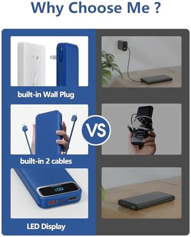 12000 m Ah Ultra-Light Portable Power Bank with Built-In Cables & AC Wall Plug – PD20 W USB-C Fast Charging for i Phone, Samsung & Android – LED Display for Battery Monitoring – Ultimate Travel Companion for Quick Device Recharging