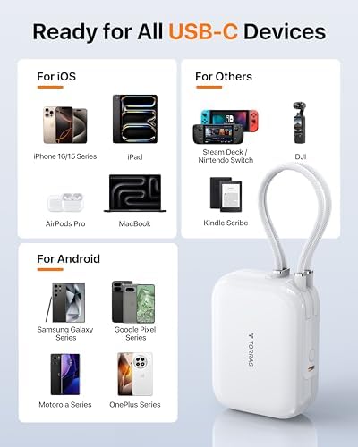 TORRAS 10000 m Ah Portable Power Bank – Ultra Compact 45 W Fast Charging with Dual USB-C Cables – Essential Travel Charger for i Phone 16/15 Pro Max & Samsung S25/S24 – Stay Connected Anywhere with Enhanced Compatibility