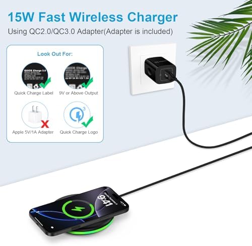 15 W Fast Wireless Charging Pad with QC 3.0 Adapter – Ultimate Charging Solution for Galaxy S25 Ultra, i Phone 16 Pro Max, Pixel 9, and More – Seamless Through-Case Functionality, Enhanced Safety Features, and Non-Slip Design for All Wireless-Enabled Devices – Includes 3.3 ft USB-C Cable for Effortless Connectivity – Perfect for Home and Office Use