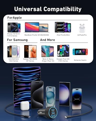 Ultimate 3-Port USB C Car Charger – 67 W High-Speed Dual USB-C & USB-A Adapter for i Phone 16/15/14/13/12/11/Pro Max, Samsung Galaxy S25/S24/S23/S22/S21, Pixel & Android Devices – Rapid PD/QC Charging with Safety Features for Road Trips and Daily Commutes