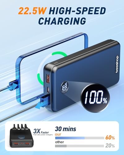 BEESHOP Ultra High-Capacity 37000 m Ah Portable Power Bank – All-in-One Fast Charging Solution with 4 Integrated Cables, 22.5 W Quick Charge for i Phone 16, 15, 14, 13 & Android Devices – Essential Travel Companion for Maximum Device Compatibility and Efficiency