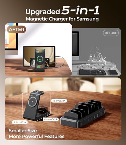 Revolutionize Your Charging Experience with the 5-in-1 Magnetic Wireless Charging Station – Fast Mag-Safe Dock for Samsung Galaxy S25, S24, S23 Ultra, Galaxy Watch Ultra Series, and Buds – Complete with 36 W Power Adapter and Dual Cables for Ultimate Device Compatibility – Effortless Magnetic Induction Charging for Phones, Tablets, and More – Multiple Protection Features for Safe, Silent Operation – Perfect Gift for Tech Lovers with 18-Month Service Guarantee