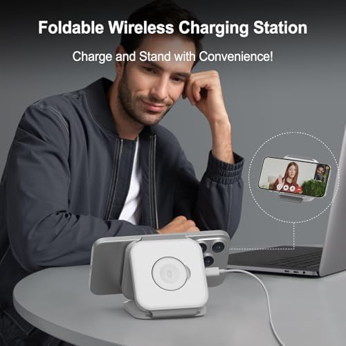 Ultimate 3 in 1 Magnetic Wireless Charging Station for Apple Devices – Foldable Travel Charger for i Phone 16, 15, 14, 13, 12 Pro Max, Apple Watch & Air Pods (Sleek White) – Fast, Portable & Durable Power Solution for Tech Enthusiasts