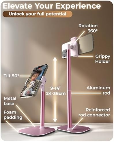 Cooper ChatStand Adjustable Cell Phone Stand for Desk & Video Recording, Rotating Cell Phone Holder for Desk for All iPhone, Samsung, Android, 9-14″ Face-Level Metal Desktop Tripod (Frost White) – Enhanced Compatibility and Speed