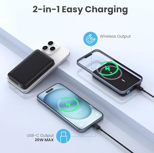 Ultra-Slim Magnetic Portable Charger 10800 m Ah Power Bank with LCD Display – Fast 20 W PD USB-C Input/Output, Wireless Charging for Mag Safe-Compatible i Phones Including 16/15/14/13 Series – Lightweight Travel Essential for On-the-Go Power