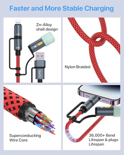 SOOPII 100 W 6.6 FT 4-in-1 Multi-USB C Charging Cable – Fast Charging Solution with USB-C, USB-A, and Lightning Connectors – Durable Nylon Braided Design for Phones, Tablets, and Laptops – Ultimate Versatility for Home and Travel
