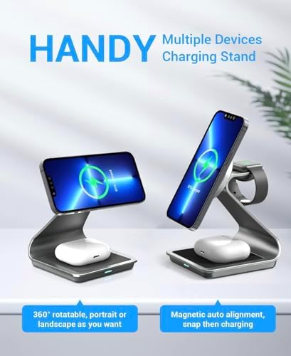 Ultimate 3-in-1 Mag Safe Wireless Charging Station – Premium Aluminum Alloy Charger for i Phone 14/13/12, Apple Watch & Air Pods Pro/3/2 – Fast Charging & Sleek Design with USB-C Cable Included – Ideal for Home, Office, or Travel