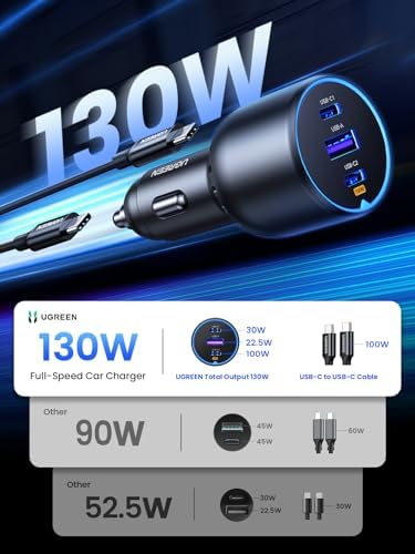 UGREEN 130 W USB-C Car Charger: High-Speed PD 100 W & PD 30 W Dual Ports for i Phone 16, Galaxy S24/S23 Ultra, i Pad & Mac Book – Compact, Safe & Universal Charging Solution for All Devices on the Road