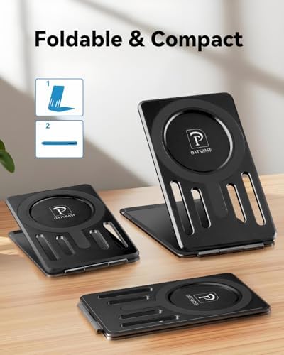 OATSBASF Magnetic Phone Stand Compatible with Magsafe, Foldable Aluminum Phone Holder for Desk Compatible with iPhone 16/15/14/13/12 Series and Magnetic Case, Black, Bi-fold – Enhanced Compatibility and Speed