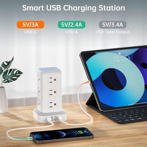 Elevate Your Charging Efficiency with the 12-Outlet Tower Surge Protector Power Strip – 6.5 Feet Extension Cord, 4 USB Ports Including USB-C, Compact Charging Station for Office and Home, Enhanced Surge Protection for Ultimate Device Safety