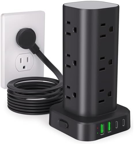 Ultimate Power Strip Tower with 15 W Wireless Charger and 10 FT Extension Cord – 12 AC Outlets & 4 USB Ports (2 USB-C) – Space-Saving Surge Protector for Home, Office, and Dorm Use – Advanced Compatibility for All Devices