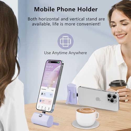 LUCKYDUO Ultra-Compact 5000 m Ah Portable Power Bank with Built-In Phone Holder & LED Light for i Phone – Essential Travel Charger with LCD Battery Indicator, Compatible with i Phone 14/13/12/11/XR/SE/8/7 Pro Max – Stay Charged Anywhere