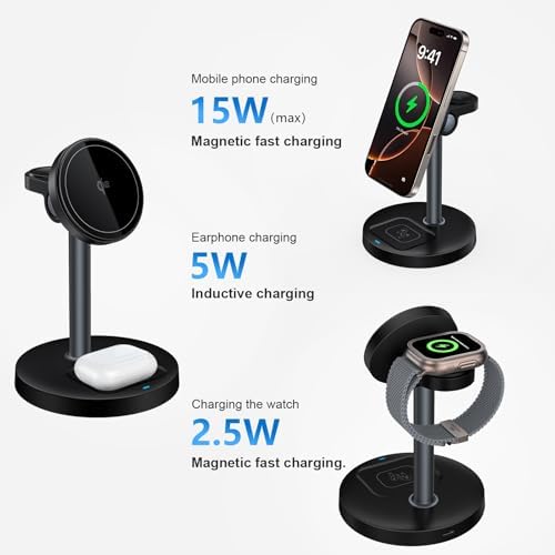 2025 Premium 3-in-1 Wireless Charging Station for i Phone 16/15/14/13/12, Apple Watch 9/Ultra 2, and Air Pods | 20 W Fast Charger with Mag-Safe Alignment, Sleek Black Bedside Dock for Enhanced Device Organization and Efficiency