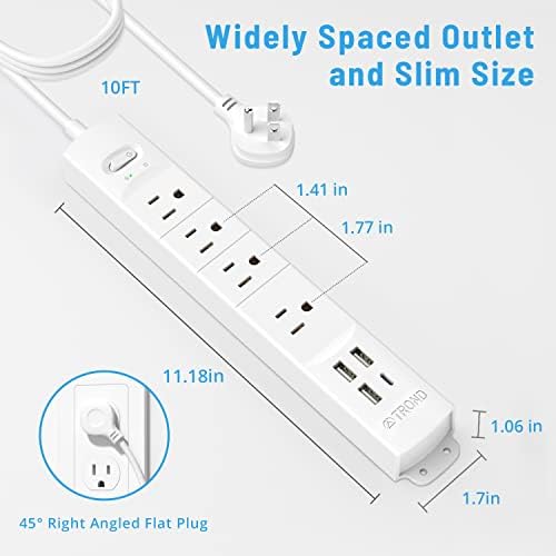 Ultra-Slim TROND Surge Protector Power Strip with 3 USB Ports & Type C – 4 AC Outlets for Maximum Device Protection & Charging Speed – 1440 J Surge Defense, ETL Listed, Space-Saving Wall Mount Design for Home Office & Dorm Use – Versatile Power Management Solution in Elegant Black