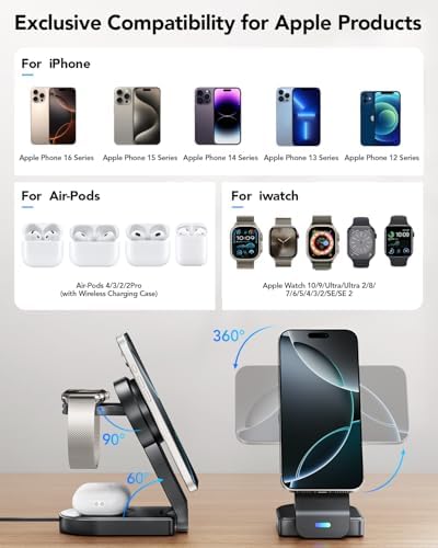 Ultimate 3-in-1 Foldable Wireless Charging Station for Apple Devices – Sleek Magnetic Dock for i Phone 16/15/14/13/12, Apple Watch Series 10/Ultra 2/Ultra/9/8/7/6/5/4/SE/SE 2, and Air Pods 4/3/Pro/2 – Fast, Portable, and Clutter-Free Charging Solution for Home or Travel