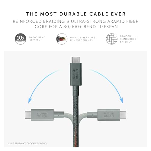 Native Union Anchor Cable 240 W: 10 ft Eco-Friendly Reinforced Braided USB-C to USB-C Power Delivery 3.1 Charging Cable with Weighted Knot for i Phone 16, Mac Book Pro 14″/16″ M2 – Ultra-Fast, Durable, Tangle-Free Charging Solution