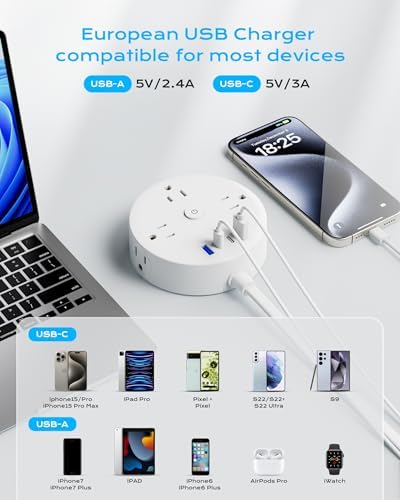 Yozisital PD 20 W 2 Prong Power Strip with 10 FT Extension Cord – 6 Outlets & 4 USB Ports (2 USB-C) for Rapid Charging, 180° Rotating Plug, Surge Protection – Perfect Solution for Older Homes with Limited Outlets