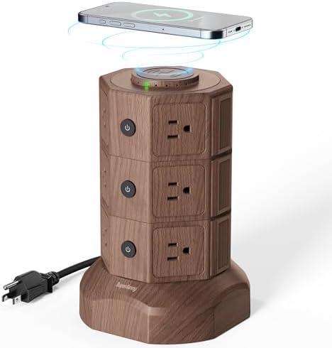 Elevate Your Charging Solutions with the SUPERDANNY Power Strip Tower – 15 W Wireless Charger and 1050 J Surge Protector with 12 AC Outlets, 6 USB Ports (Including 2 USB-C) and 6.5 ft Extension Cord – Ideal for Home Office Organization and Efficient Device Management with Elegant Wood Grain Finish