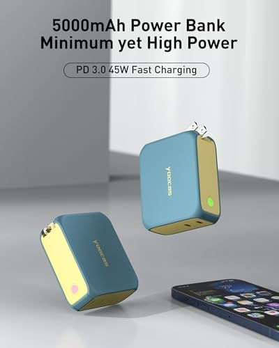 2-in-1 Hybrid Power Bank & Ga N Charger | 5000 m Ah Portable Fast Charging Solution | 20 W USB-C Dual Ports for Mac Book, Dell, i Phone, Samsung, Switch | Stylish Lake Azure & Goose Yellow Design | Ultimate Device Compatibility & Efficiency