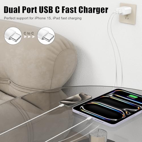 Ultra-Fast Dual Port USB-C i Phone Charger with 10 FT Quick Lightning Cables – High-Efficiency Charging Block for i Phone 14 Pro Max, 13 Pro, 12, 11, XS, XR, 8, SE – Ideal for Home and Travel, 2-Pack for Maximum Convenience and Speed