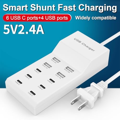 Ultimate USB Charging Hub for Multiple Devices – Fast, Smart Charge Dock with 6 USB-C & 4 USB-A Ports, Perfect for i Phone 15, Galaxy S Smartphones & More – Compact Design with Surge Protection for Home, Office & Travel