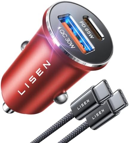 LISEN 95 W USB C Car Charger Adapter – Fast Charging PD65 W Dual Port Cigarette Lighter Charger for i Phone 15 Pro Max, Plus 14 & Samsung Galaxy – Durable All-Metal Design for Ultimate Compatibility and Convenience