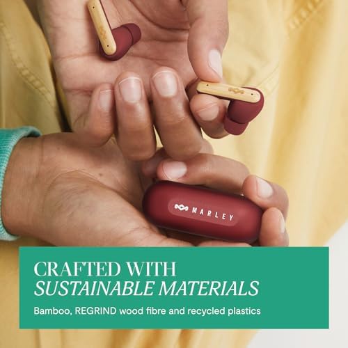 House of Marley Little Bird Eco-Conscious True Wireless Earbuds – Exceptional Audio Quality with Touch Controls, Integrated Mic, 24-Hour Battery Life, and USB-C Fast Charging – Ideal for Gamers and Music Enthusiasts (Red) – Experience Sustainable Sound Innovation for Everyday Use