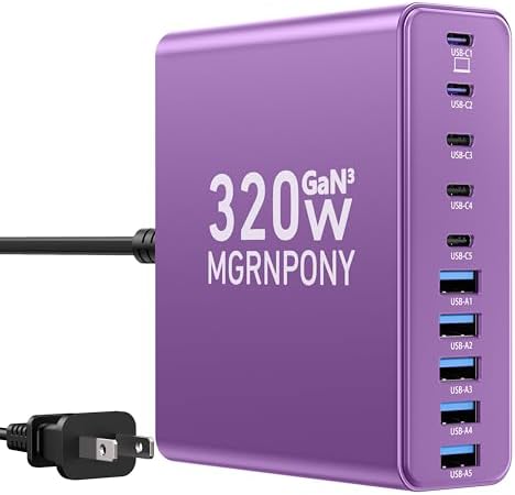 Power Up Like Never Before: 320 W Multi-Device USB C Charger Block with 10 Ports – Ga N III Fast Charging Station for Laptops, Tablets & Smartphones – Perfect for Mac Book Pro/Air, DELL, i Pad, i Phone, Samsung Galaxy – Ultimate Compatibility & Safety Features