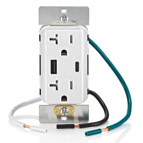 Leviton 60 W In-Wall USB Charger with Dual Type A/Type-C Ports and 20 A Tamper-Resistant Outlet – Fast Charging for Smartphones, Tablets, and Laptops – Modern Light Almond Finish, Ideal for Home and Office Efficiency – Safe, Stylish Power Solution for Tech Enthusiasts