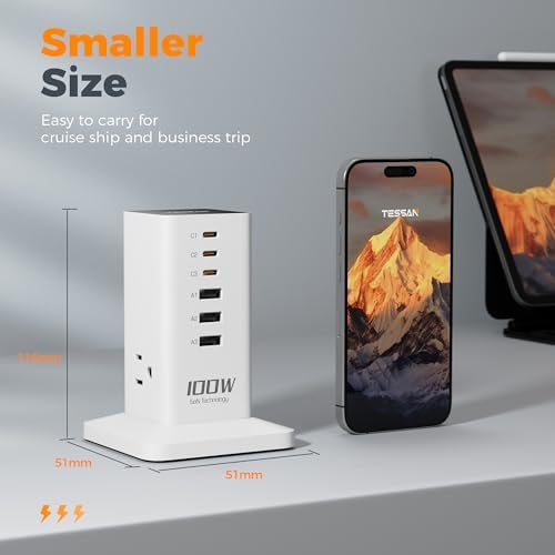 TESSAN 9-in-1 Powerful USB Charging Station – PD 65 W Multi-Device Charger Block for i Phone 15/16, Mac Book & Tablet – Fast, Efficient Power Delivery with 3 AC Outlets – Compact Travel & Home Office Accessory – Enhanced Compatibility & Safety Features