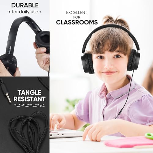 Bulk Set of 5 Over-Ear Kids Headphones – Premium Wired Audio Gear for Classroom and Travel Use – Exceptional Sound Quality, Comfort, and Foldable Design for On-the-Go Learning – Sleek Black Finish for Style and Durability