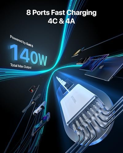 Intoval 140 W USB C Charging Hub: High-Speed 8-Port Power Adapter for i Phone, Mac Book, Galaxy, i Pad & More – Optimal Device Compatibility & Safety Features for Home and Office Use