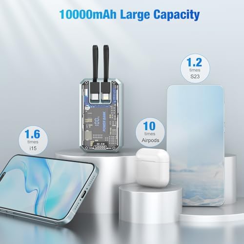Compact 10000 m Ah Power Bank with Built-In Cables – 22.5 W Fast Charger for i Phone, i Pad, Samsung, and Android Devices – Sleek Transparent Design for Enhanced Battery Monitoring – Ultimate Portable Charging Solution for On-the-Go Lifestyle