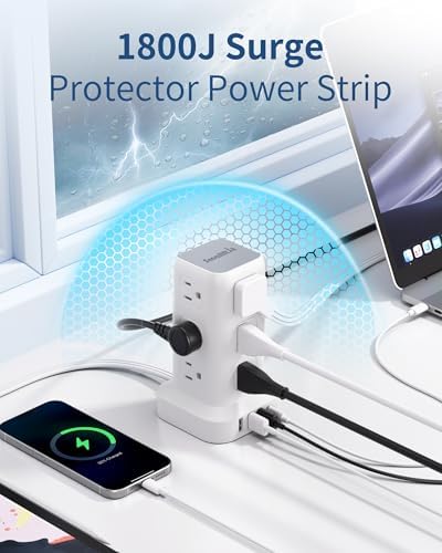 Revolutionize Your Workspace with the Ultra-Thin Surge Protector Power Strip Tower – 10 FT Flat Plug Extension Cord and 1 USB-C Port for Fast Charging, 1020 Joules of Device Protection, Perfect Desk Charging Station for Office and Dorm Room Essentials