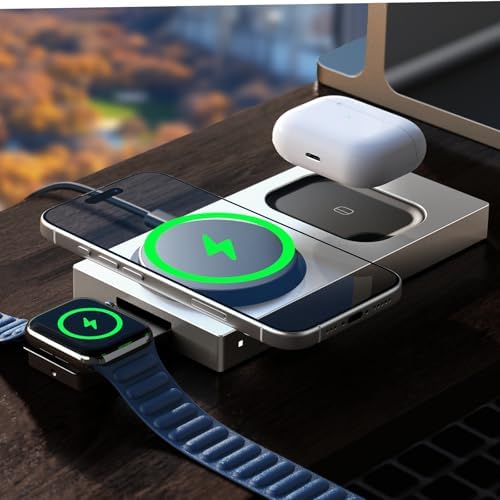 LISEN 3-in-1 Fast Charging Station for i Phone 16, Apple Watch, and Air Pods – Qi2 Mag Safe Dock with 15 W Power Boost, Elegant Gold Finish for Enhanced Compatibility and Streamlined Charging Experience