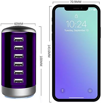 Power Up in Style: Universal 6-Port USB Charging Hub with Smart Identification Technology for i Phone, i Pad, and More – Compact, Fast Charging Station in Elegant Purple Finish for Home and Office Use