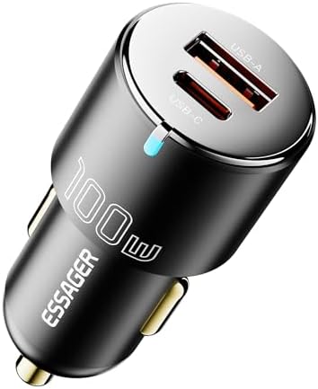 Ultimate 100 W USB-C Car Charger by Essager – Fast Dual-Port Adapter with PD3.0, PPS, QC3.0 for i Phone 16/15/14/13 Pro Max, Samsung Galaxy, i Pad & Mac Book – All-Metal Design for Enhanced Durability & Universal Compatibility on the Go